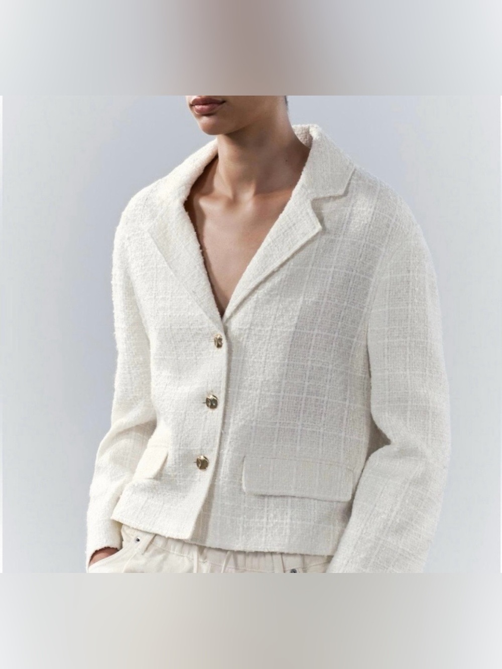 Zara Tweed Blazer Jacket Off White Textured New